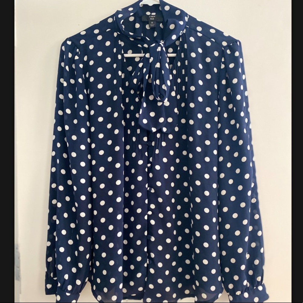 J. Crew Navy/White Polka Dot Tie Neck Blouse, 8